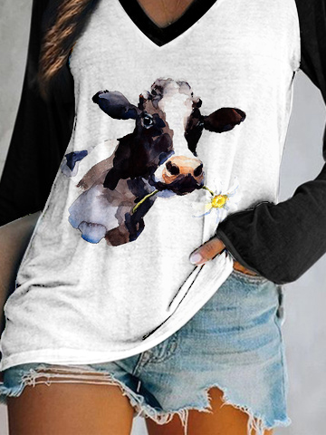 V Neck Animal Regular Fit Cow Long Sleeve T-shirt