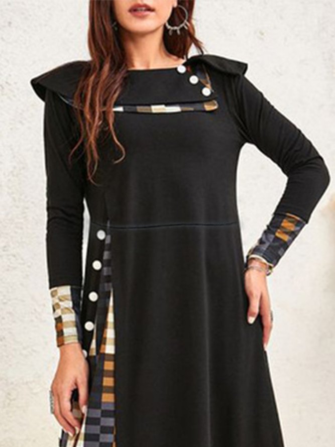 Round neck geometric color block stitching loose A-line dress