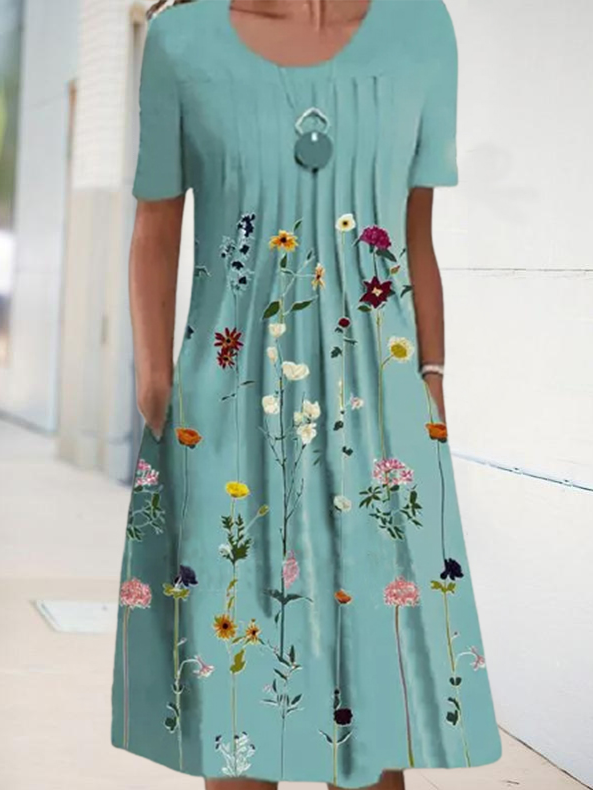 Floral Tunic Round Neckline Midi A-line Dress