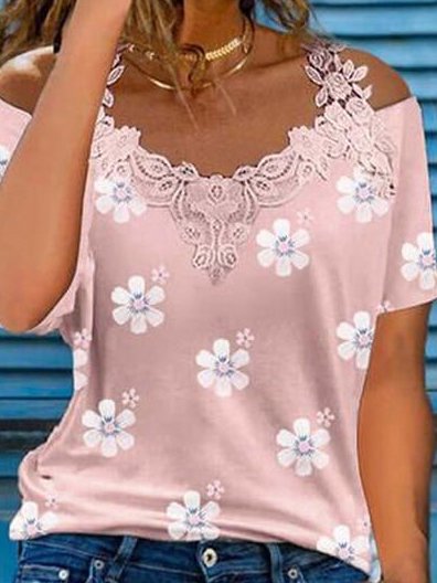 JFN V Neck Cold Shoulders Floral Lace Casual T-Shirt/Tee