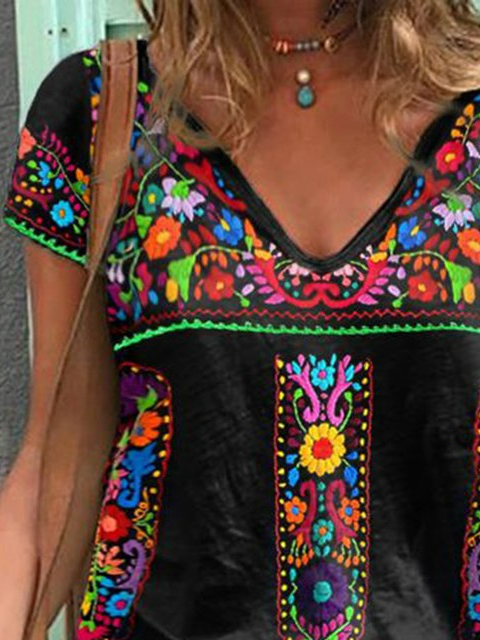 JFN V Neck Floral Casual Mexican Blouse