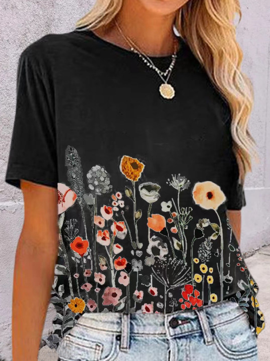 JFN Round Neck Floral Casual T-Shirt/Tee | Women's Clothing | Casual T ...