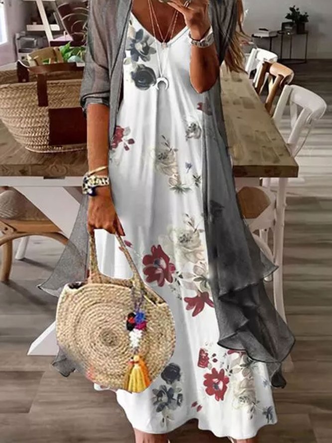 Floral print suspender dress long linen Tencel slub fabric two piece suit Plus Size