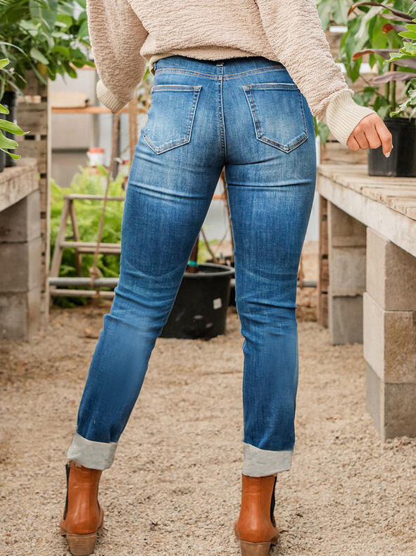 Mid Waist Solid Pocket Ripped Denim Skinny Denim & Jeans