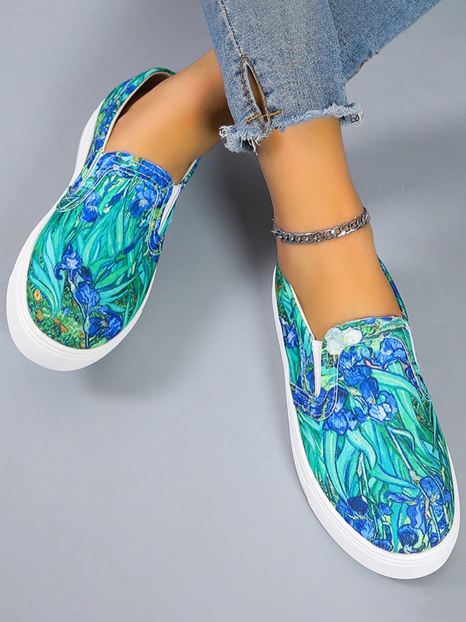 JFN  Flower and Plant Oil Painting Print Casual Flat Shoes