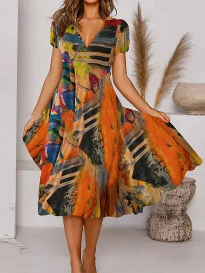 1920s Casual Floral Vacation V Neck Midi Dress