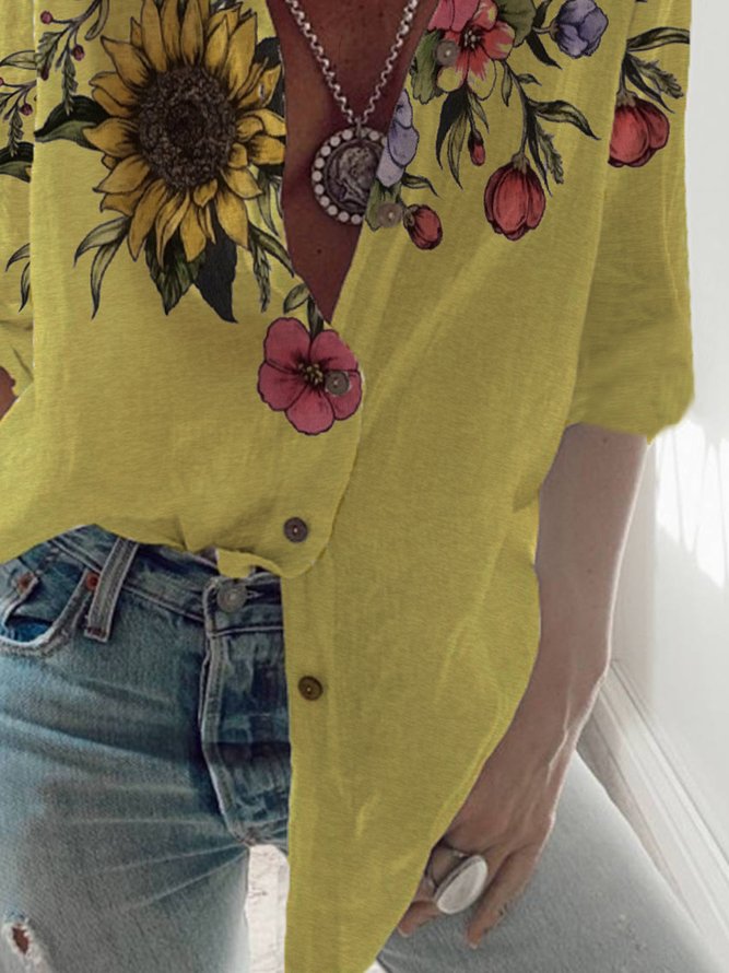 Sun Flower Print Shirt Long Sleeve Loose Holiday Shirts
