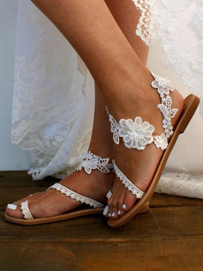 JFN  White Floral Lace Wedding Bridal Thong Sandals