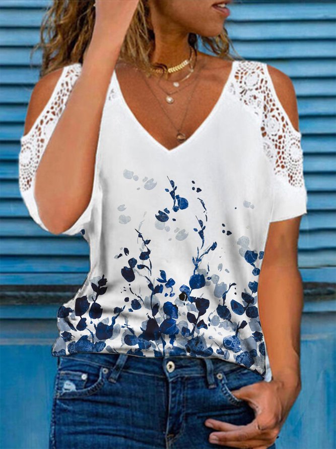 JFN V Neck Floral Lace Vacation T-Shirt/Tee