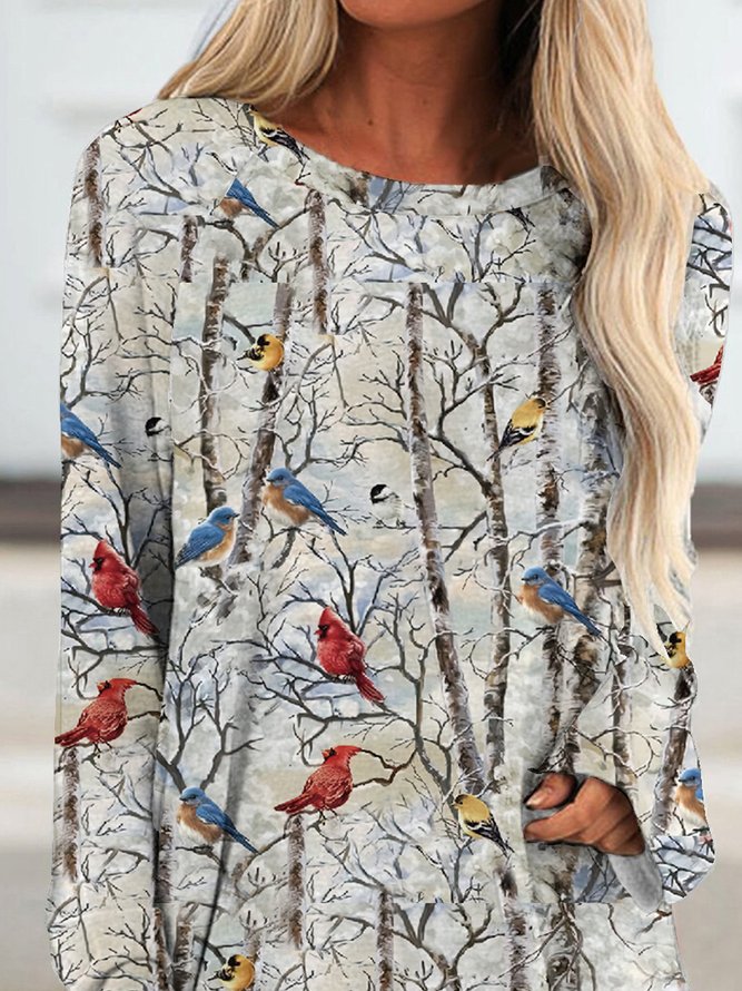 JFN Round Neck Floral Birds Daily Tunic T-shirt
