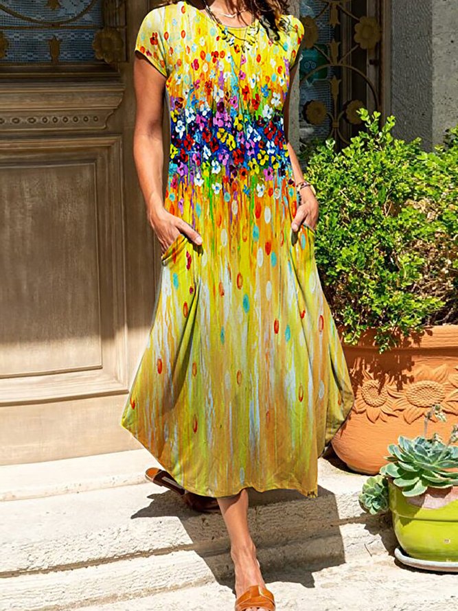 Multicolored Floral Oil Painting Print Crew Neck Maxi Dress