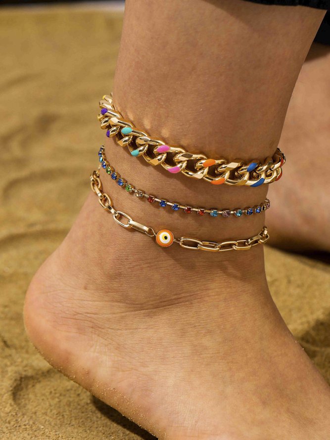 JFN 3Pcs Beach Resort Style Eye Diamond Color Multilayer Anklet Set