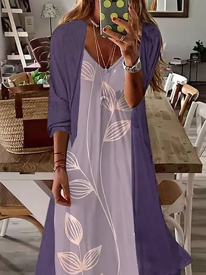 Leaves Print V Neck Holiday Daily Maxi Dresses Two Piece Sets