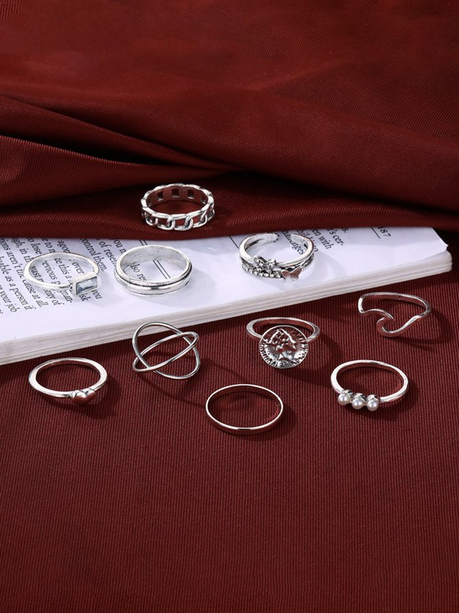 JFN 10Pcs Diamond Pearl Ring Set