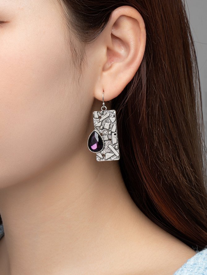 JFN Ethnic Vintage Geometric Purple Gemstone Handmade Earrings