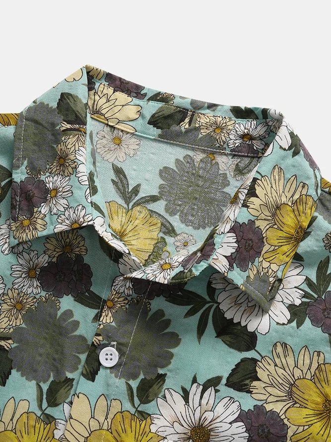 Cotton and Linen Style Botanical Floral Print Cozy Linen Shirt