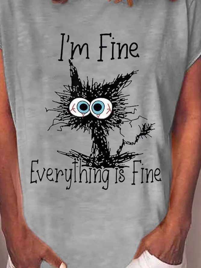 JFN Crew Neck Letters Cartoon Cat I'm Fine It's Fine Everything Is Fine Casual T-Shirt/Tee