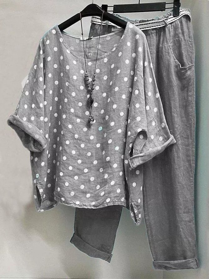 Cotton Blends Polka Dots Loosen Two-Piece Set