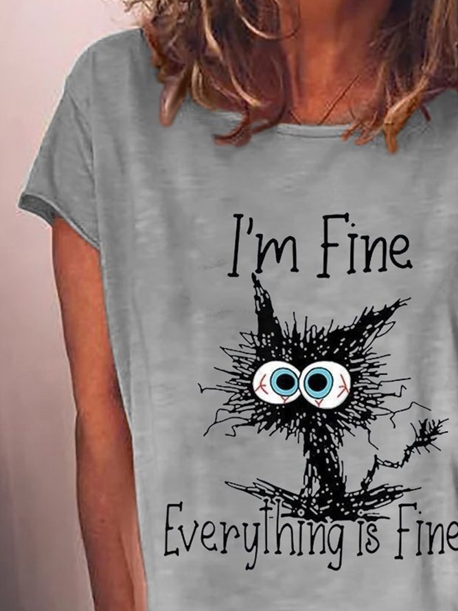 JFN Crew Neck Letters Cartoon Cat I'm Fine It's Fine Everything Is Fine Casual T-Shirt/Tee