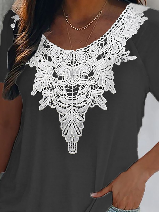 Lace Design Casual Loose Short Sleeve Top