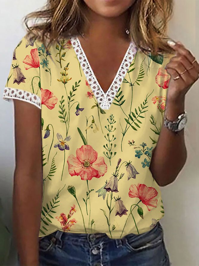 Women's Casual Holiday Weekend Floral T-shirt  Short Sleeve Print V Neck Basic Top