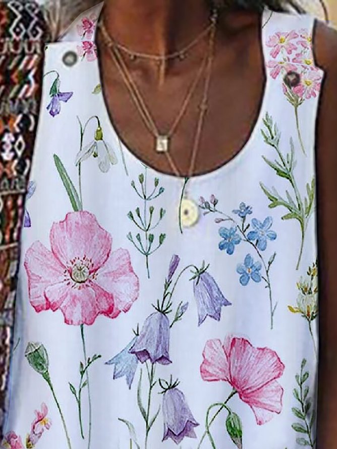 JFN U-neck Button Sleeveless Floral Casual Mini Dresses