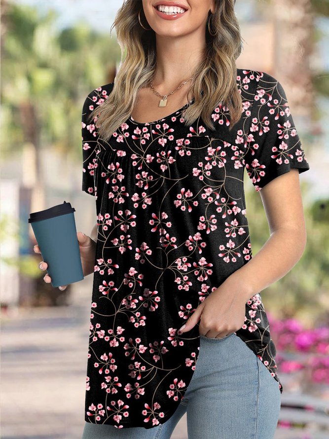 Ladies Tops Ruched Floral Short Sleeve Stretchy Tunic