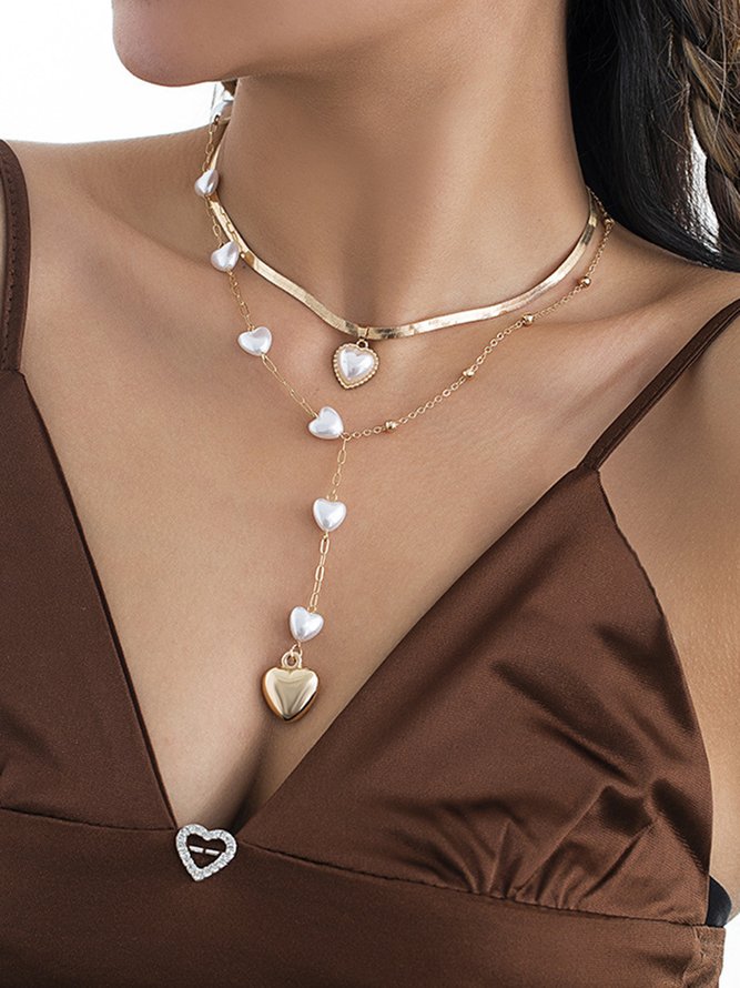 JFN Resort Style Pearl Double Heart Long Necklace
