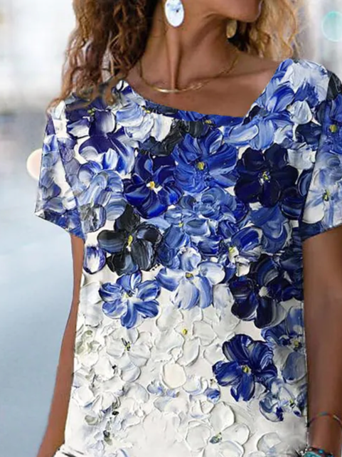 JFN Asymmetrical Neck Color Block Floral Loosen Cotton Blends Casual Short Sleeve T-Shirt/Tee
