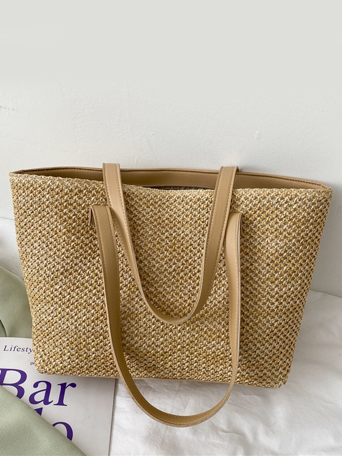 JFN Beach Vacation Large Capacity Zip Straw Bag Tote Bag Shoulder Bag