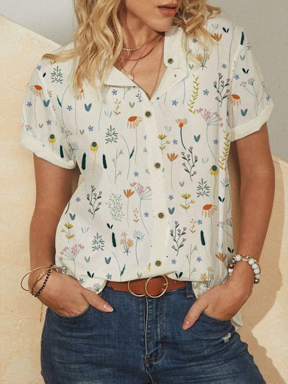 Casual Loosen Floral Short Sleeve Blouse