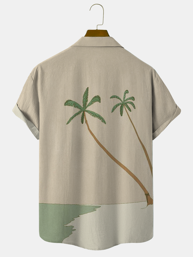Cotton Linen Style Botanical Floral Coconut Tree Print Cozy Linen Shirt