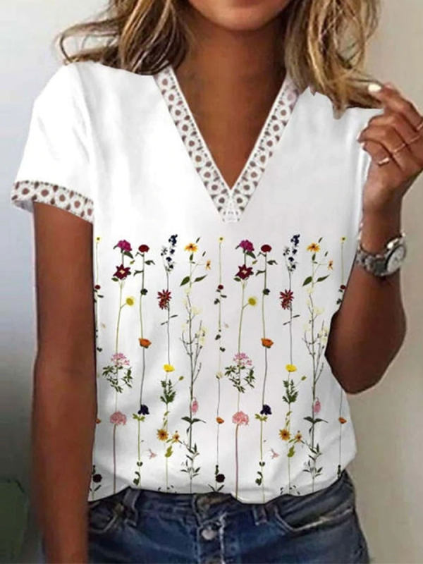JFN V Neck Lace Neck Floral Regular Fit Casual Short Sleeve Tops T-shirt/Tee