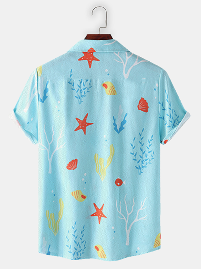 Cotton Linen Style Underwater World Print Lapel Cozy Linen Shirt