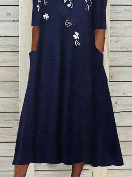 V-neck Casual Floral Print Summer Midi Dress