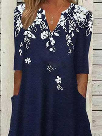 V-neck Casual Floral Print Summer Midi Dress