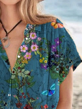 JFN Shirt Collor Vacation Floral Short Sleeve Blouse