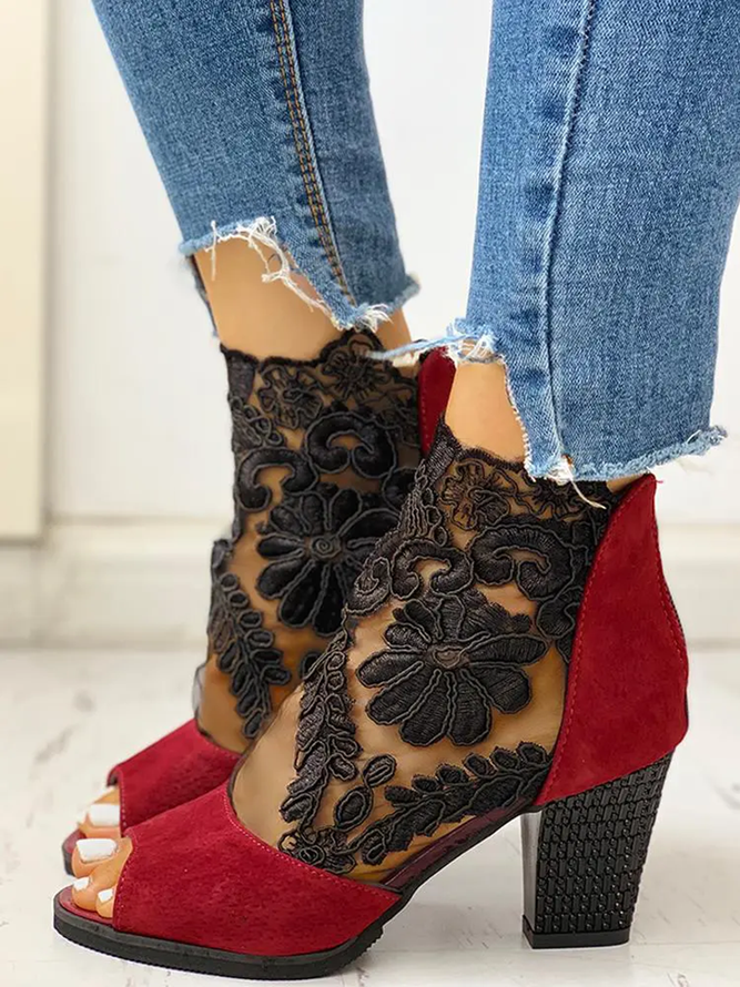 JFN Black Floral Lace Mesh Block Heel Sandals Boots