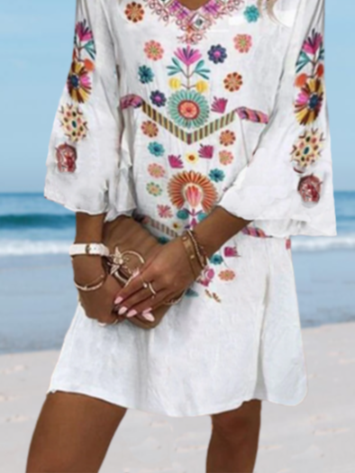 JFN V Neck Tribal  Beach Vacation Casual Mini Dresses
