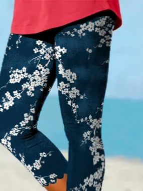 Beach Daily Basic Patterned Elastic Waist High Elastic Burnt Flower Pants Plus Size