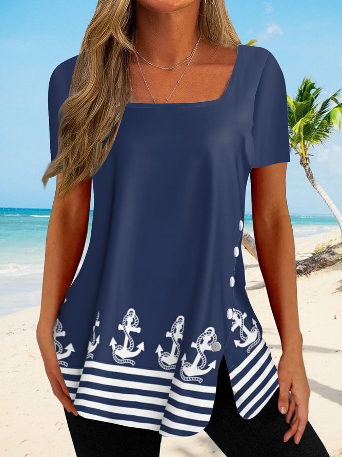 Women Ocean Anchor Stripe Irregular Hem Button Tunic T-shirt 