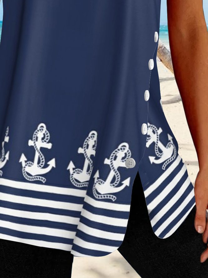 Women Ocean Anchor Stripe Irregular Hem Button Tunic T-shirt 