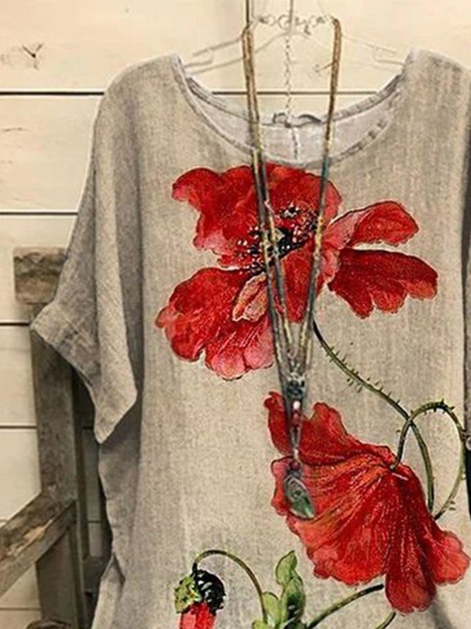 JFN Crew Neck Floral Casual Red Flower Batwing Sleeve Slit Tops