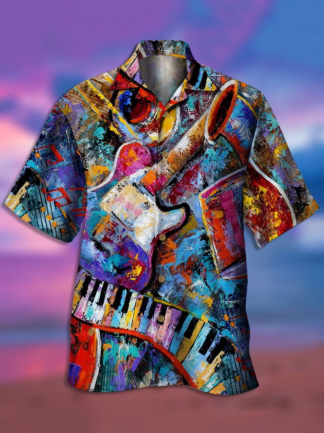 Retro Style Music Series Gradient Oil Painting Guitar Element Pattern Lapel Short-Sleeved Shirt Print Top