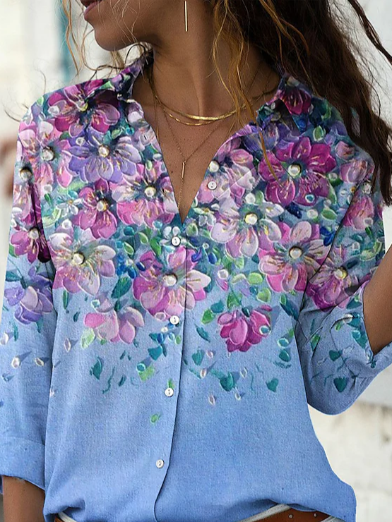 JFN Shawl Collar Floral Casual Ombre Loose Blouse Shirt