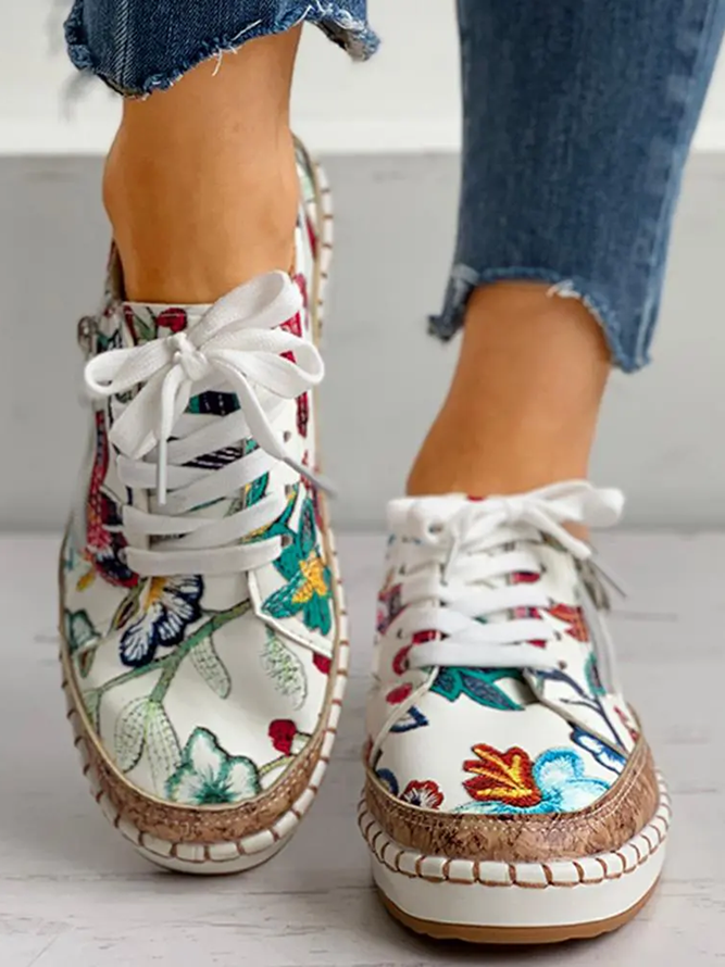 JFN Tropical Plant Print Panel Casual Lace-Up Flats