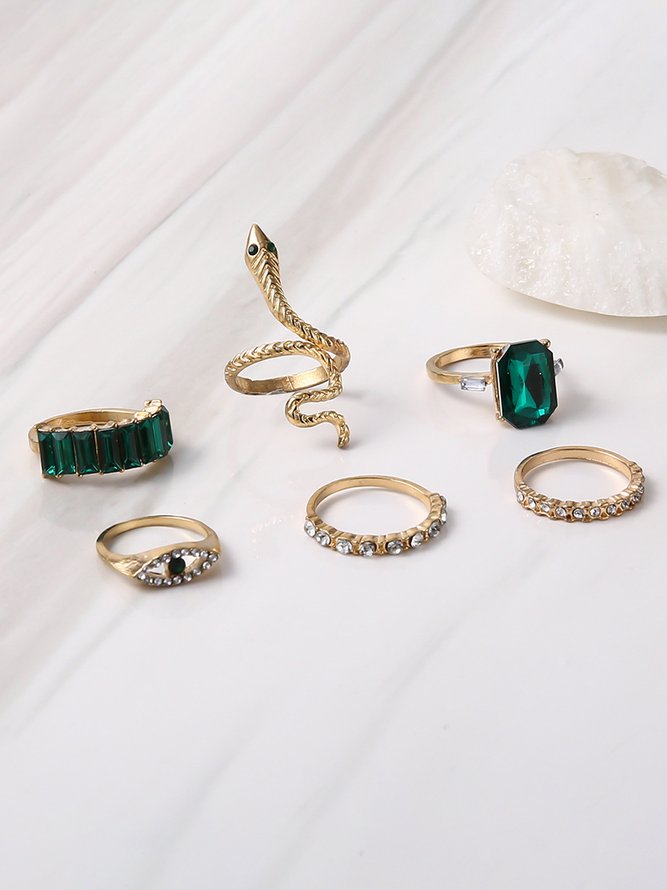 6Pcs Vintage Diamond Green Gemstone Snake Ring Set Party Rings Holiday Jewelry