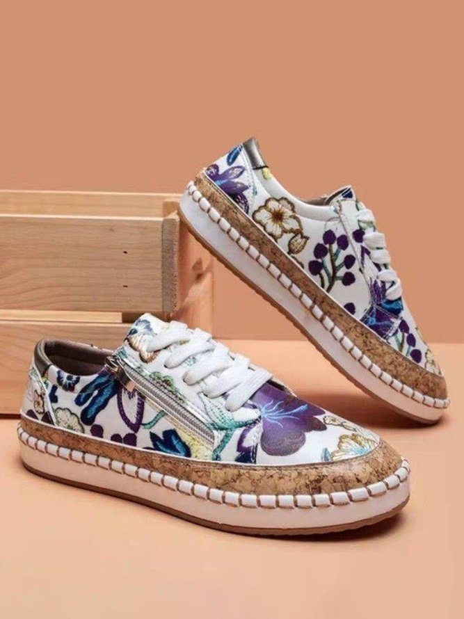Purple Flower Plants White PU Leather Stitching Zipper Lace Flat Shoes