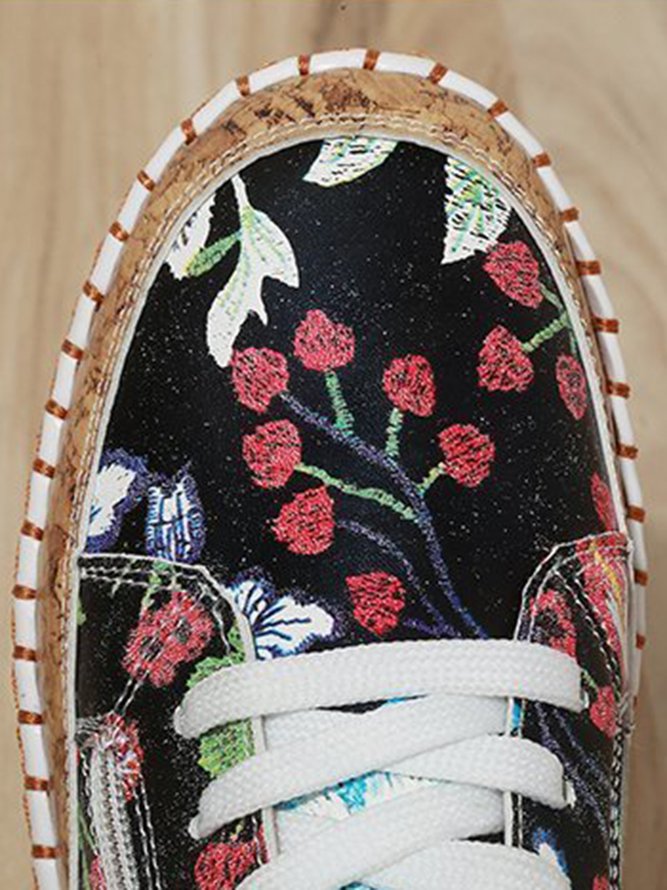 Flower Plant Black PU Leather Stitching Zipper Lace Flat Shoes