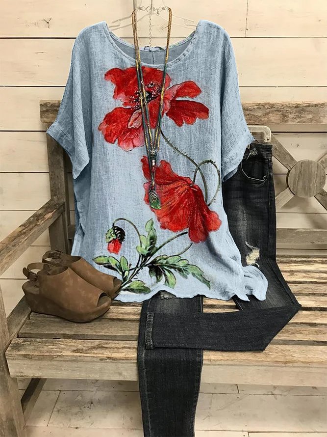 JFN Crew Neck Floral Casual Red Flower Batwing Sleeve Slit Tops